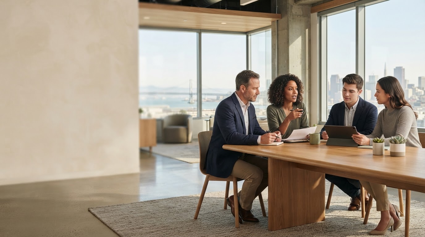 LumbourseATOM professional reviewing a simplified AI data dashboard on a tablet in a sunlit home office